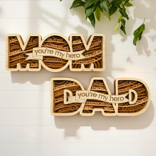 Dad Hero Layered Word Wood Sign With Affirmations For Mother's & Father's Day Gift | Familywalldecor