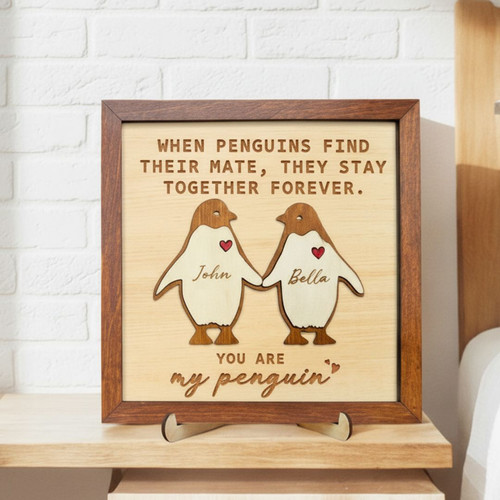 Valentine Penguin Couple Wood Sign Wedding Gift For Him & Her | Family Wall Decor