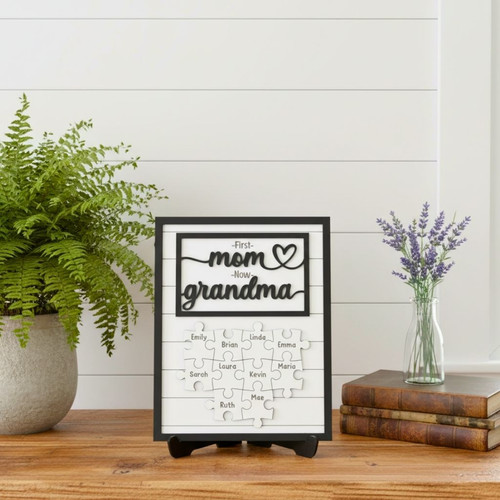 Personalized First Mom Now Grandma Puzzle Piece Wood Sign For Mom - Special Gift With Grandchildren Names | Familywalldecor