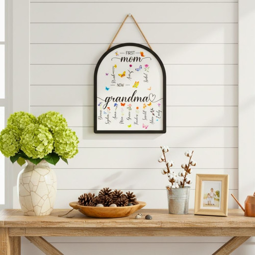 Personalized First Mom Now Grandma Wood Sign - Thoughtful Mother's Day Gift - Custom Grandma Garden Birth Flower Decor | Familywalldecor