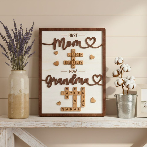 Personalized First Mom Now Grandma Wood Sign - Mother's Day Gift For Grandma, Crossword Puzzle Design | Familywalldecor