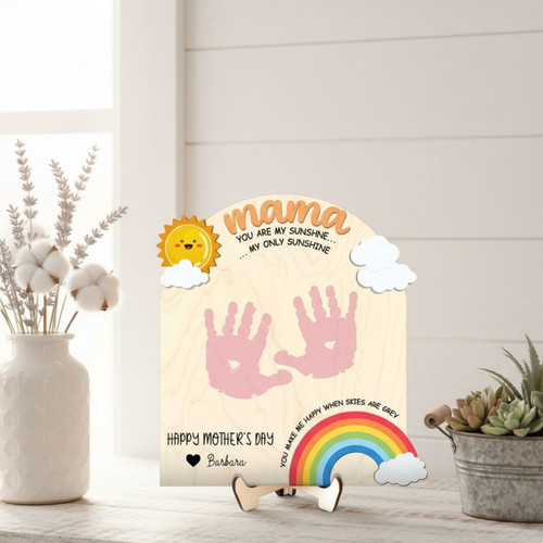 Thoughtful Custom Mom Handprint Sunshine Wood Sign Gift For Mother's Day - Perfect Keepsake From Kids | Family Wall Decor
