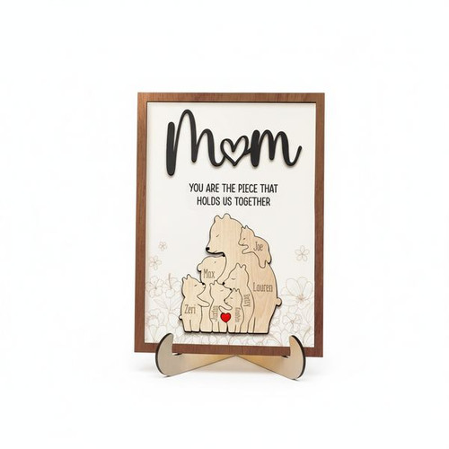 Engraved Bear Family Puzzle Wood Sign Custom Mother's Day Gift - Personalize Wall Art