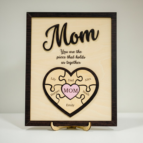 Mom's Heart Puzzle - Custom Family Wood Sign with Names - Personalize Wall Art