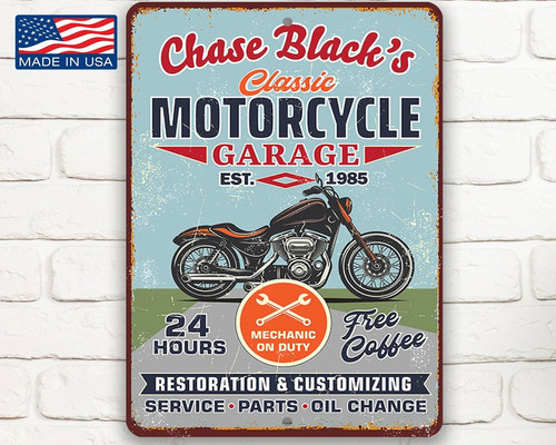 Custom Motorcycle Garage Vintage Metal Sign - USA Made Decor - Personalize Wall Art