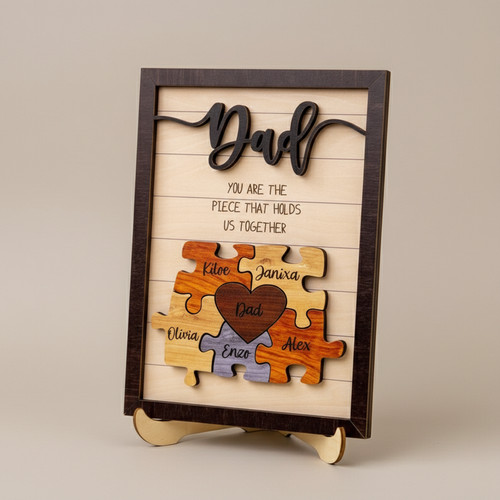 Dad's Piece Wood Sign - Custom Puzzle Gift From Kids - Personalize Wall Art