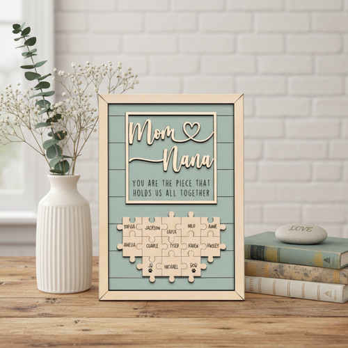 Mom's Love Connects Us - Personalized Family Puzzle Wood Sign - Personalize Wall Art