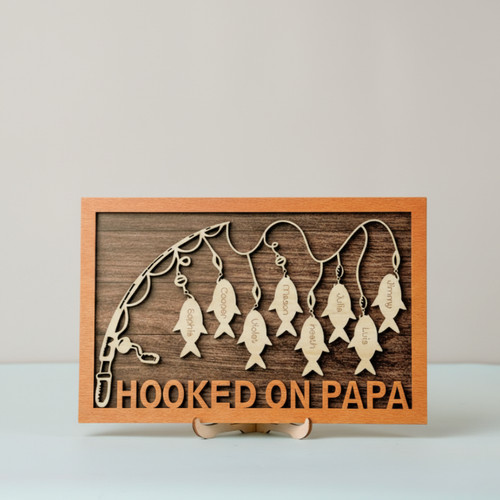 Personalized Fishing Wood Sign - Hooked on Dad, Grandpa, Papa - Personalize Wall Art
