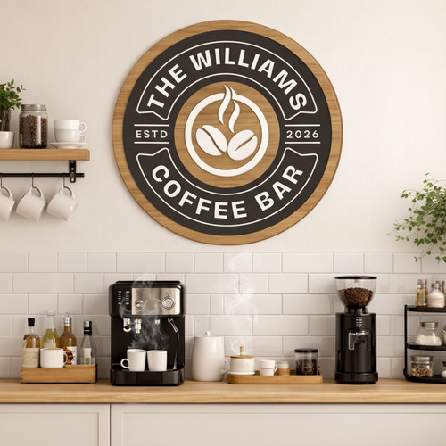 3D Coffee Corner Family Round Wood Sign, Custom Kitchen Decor - Personalize Wall Art
