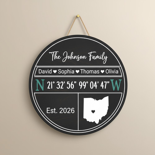 Custom GPS Family Round Wood Sign, Where Our Story Began - Personalize Wall Art