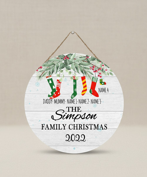 Custom Holiday Family Round Wood Sign, Festive Home Decor - Personalize Wall Art
