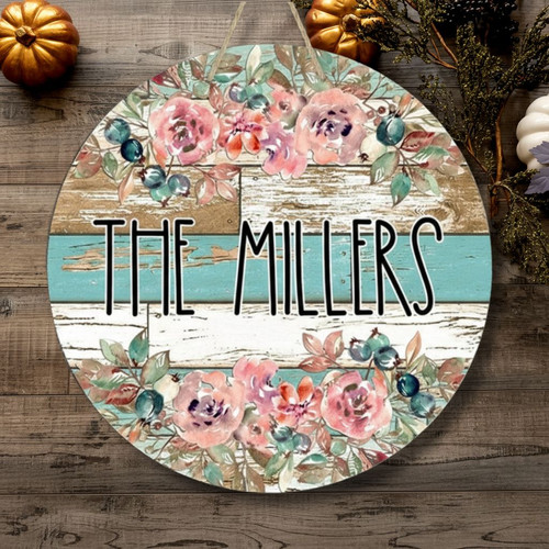 Floral Welcome Family Round Wood Sign, Personalized Farmhouse Decor - Personalize Wall Art