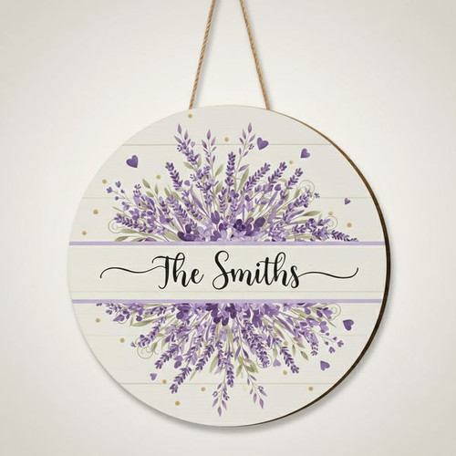 Lavender Floral Family Round Wood Sign, Custom Welcome Decor - Personalize Wall Art
