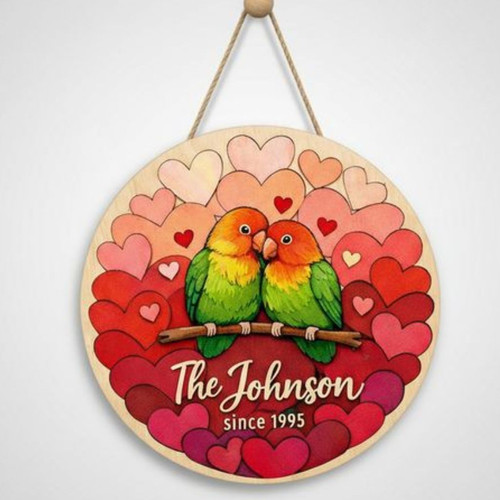Lovebirds Family Round Wood Sign, Custom Name & Year Decor - Personalize Wall Art