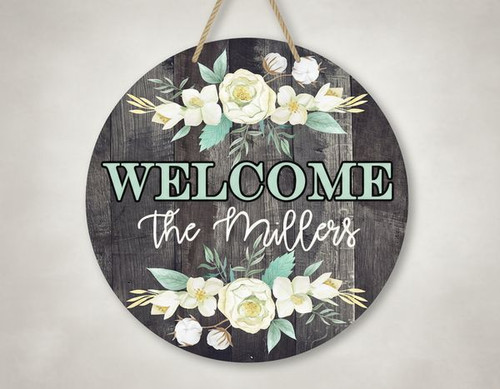 Farmhouse Floral Round Wood Sign, Personalized Family Welcome Decor - Personalize Wall Art
