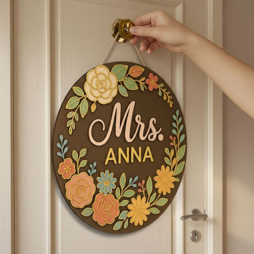 Personalized Teacher Name Round Wood Sign, Floral Classroom Door Sign - Personalize Wall Art