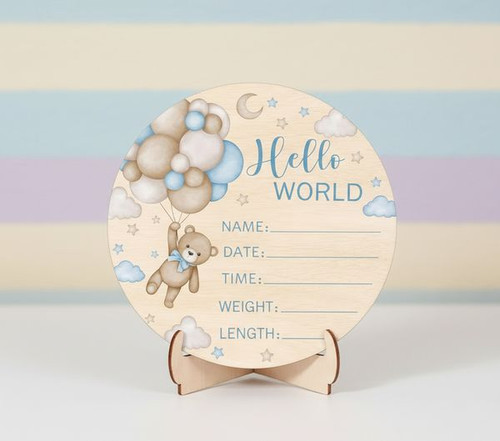 Blue Bear Hello World Birch Nursery Round Wood Sign Kept Forever - Personalize Wall Art