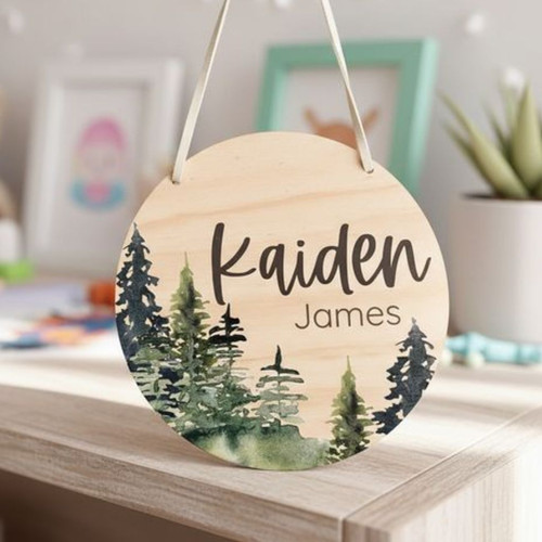 Blue Forest Magic Custom Name Nursery Round Wood Sign - Personalize Wall Art