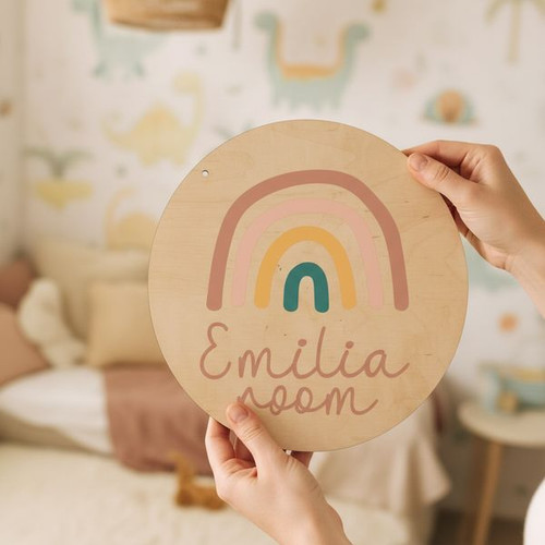 Boho Dreams Pastel Rainbow Nursery Round Wood Sign for Girls - Personalize Wall Art