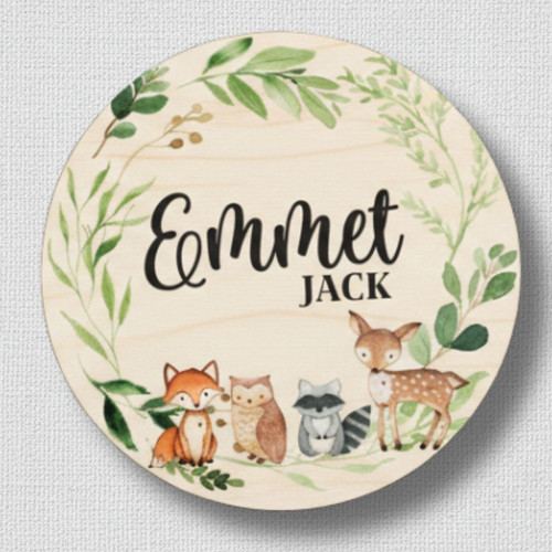 Capture Babys First Hello Woodland Animal Round Wood Sign - Personalize Wall Art