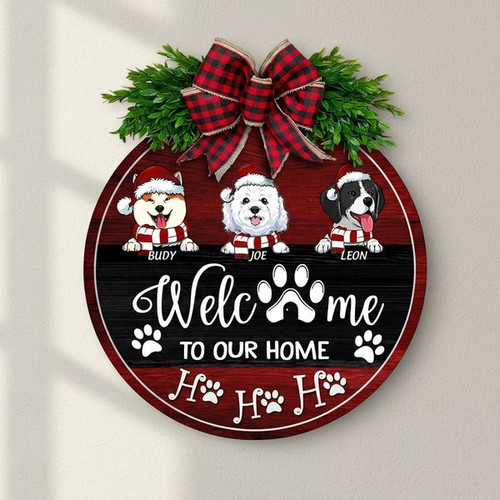 Christmas Welcome Custom Dog Breed Animal Round Wood Sign - Personalize Wall Art