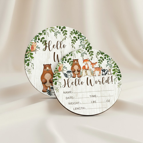 Forest Animal Birth Stat Keepsake Nursery Round Wood Sign - Personalize Wall Art