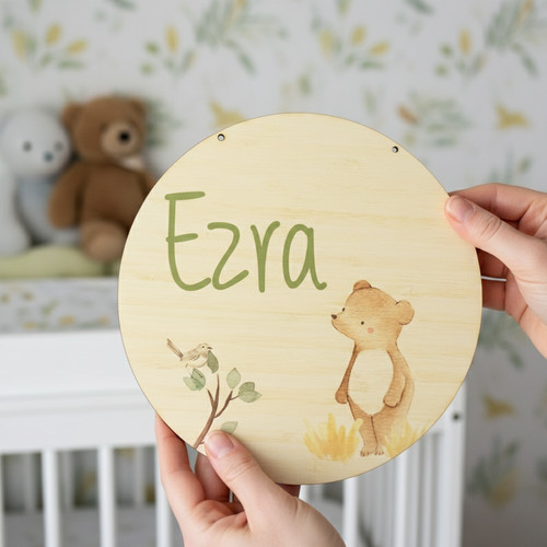Forest Bear Animal Round Wood Sign Handcrafted Baby Name Decor - Personalize Wall Art