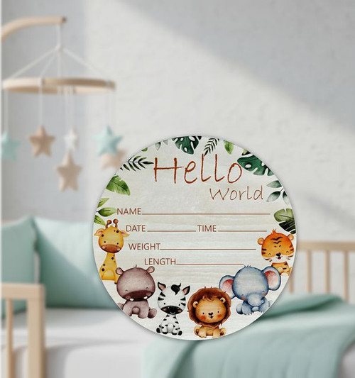 Giraffe and Elephant Hello World Nursery Round Wood Sign Gift - Personalize Wall Art