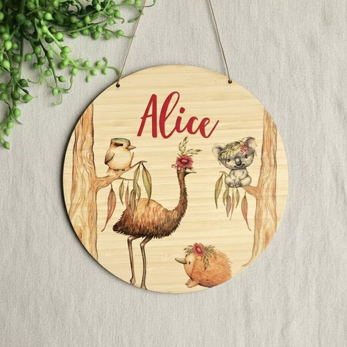 Kangaroo Custom Name Australian Animal Round Wood Sign Decor - Personalize Wall Art
