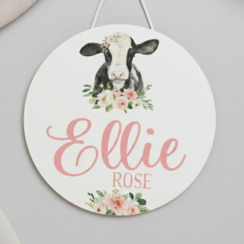 Sweet Cow Nursery Personalized Animal Round Wood Sign for Girls - Personalize Wall Art