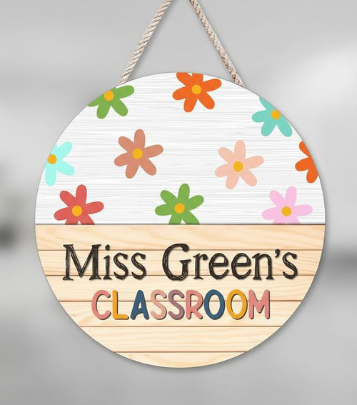 Blooming With Love Floral Teacher Round Wood Sign - Personalize Wall Art