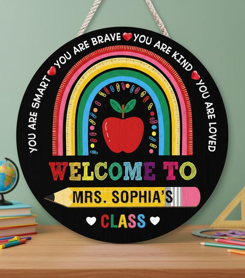 Colorful Apple Rainbow Teacher Round Wood Sign Decor - Personalize Wall Art