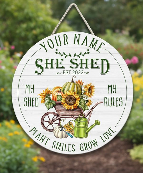 Custom Name She Shed Floral Round Wood Sign Sanctuary Decor - Personalize Wall Art
