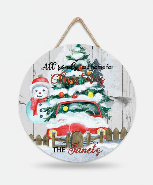 Every Road Leads Home Christmas Round Wood Sign Vintage Decor - Personalize Wall Art