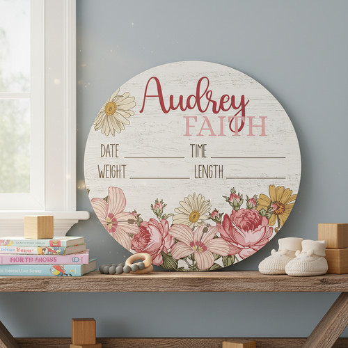Floral Round Wood Sign Her Sweet Arrival Custom Baby Nursery Decor - Personalize Wall Art