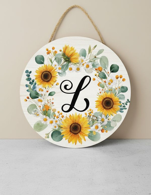 Floral Round Wood Sign with Custom Initial Monogram - Personalize Wall Art