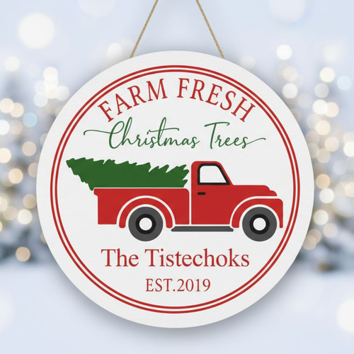 Funny Jolliest Bunch Christmas Round Wood Sign with Red Truck - Personalize Wall Art