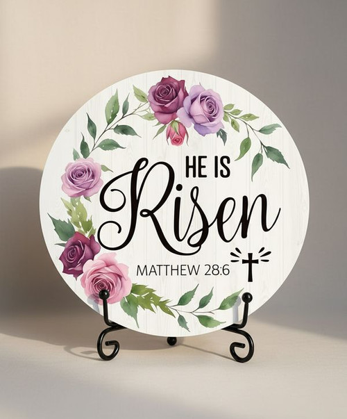 He Is Risen Floral Round Wood Sign Easter Decor - Personalize Wall Art