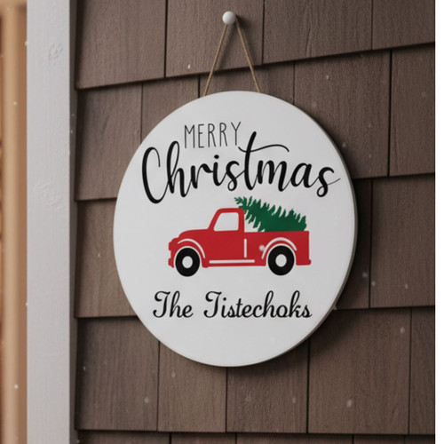 Personalized Farm Fresh, Truck Christmas Trees Round Wood Sign - Personalize Wall Art