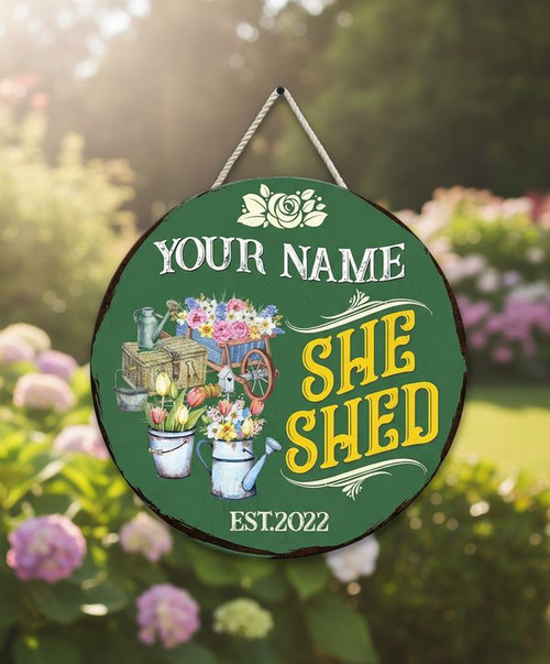 Personalized She Shed Floral Round Wood Sign Her Sanctuary Decor - Personalize Wall Art