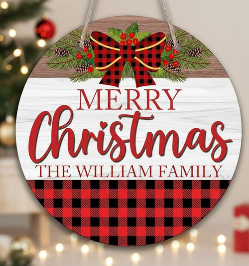 Red Plaid Tradition Your Custom Christmas Round Wood Sign - Personalize Wall Art