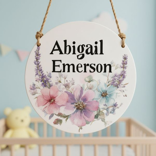 Whimsical Watercolor Floral Round Wood Sign Nursery Name Decor - Personalize Wall Art