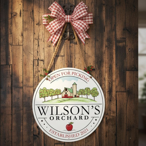Apple Orchard Harvest Custom Farm Round Wood Sign - Personalize Wall Art