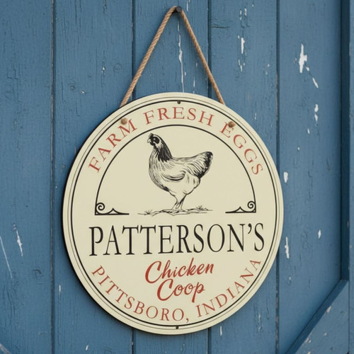 Fresh Eggs and Happy Hens Custom Chicken Farm Round Wood Sign - Personalize Wall Art