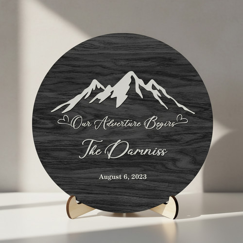 Mountain Round Wood Sign Custom Wedding Adventure Decor - Personalize Wall Art