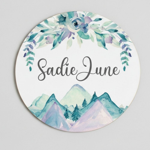 Sweet Watercolor Mountain Round Wood Sign for Baby Girl - Personalize Wall Art