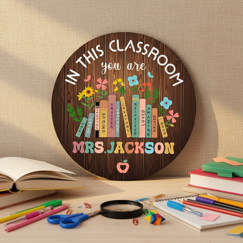 Custom Name Teacher Round Wood Sign Classroom Favorite - Personalize Wall Art