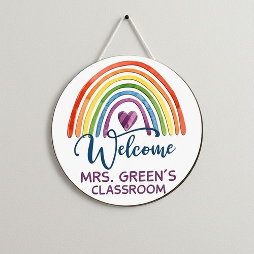 Vibrant Rainbow Welcome Teacher Round Wood Sign - Personalize Wall Art