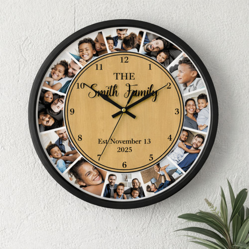 12-Photo Wooden Personalized Wall Clock - Unique Family Gift Art - Personalize Wall Art