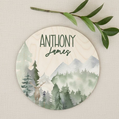 Forest Friends Peaks Personalized Mountain Nursery Round Wood Sign - Personalize Wall Art